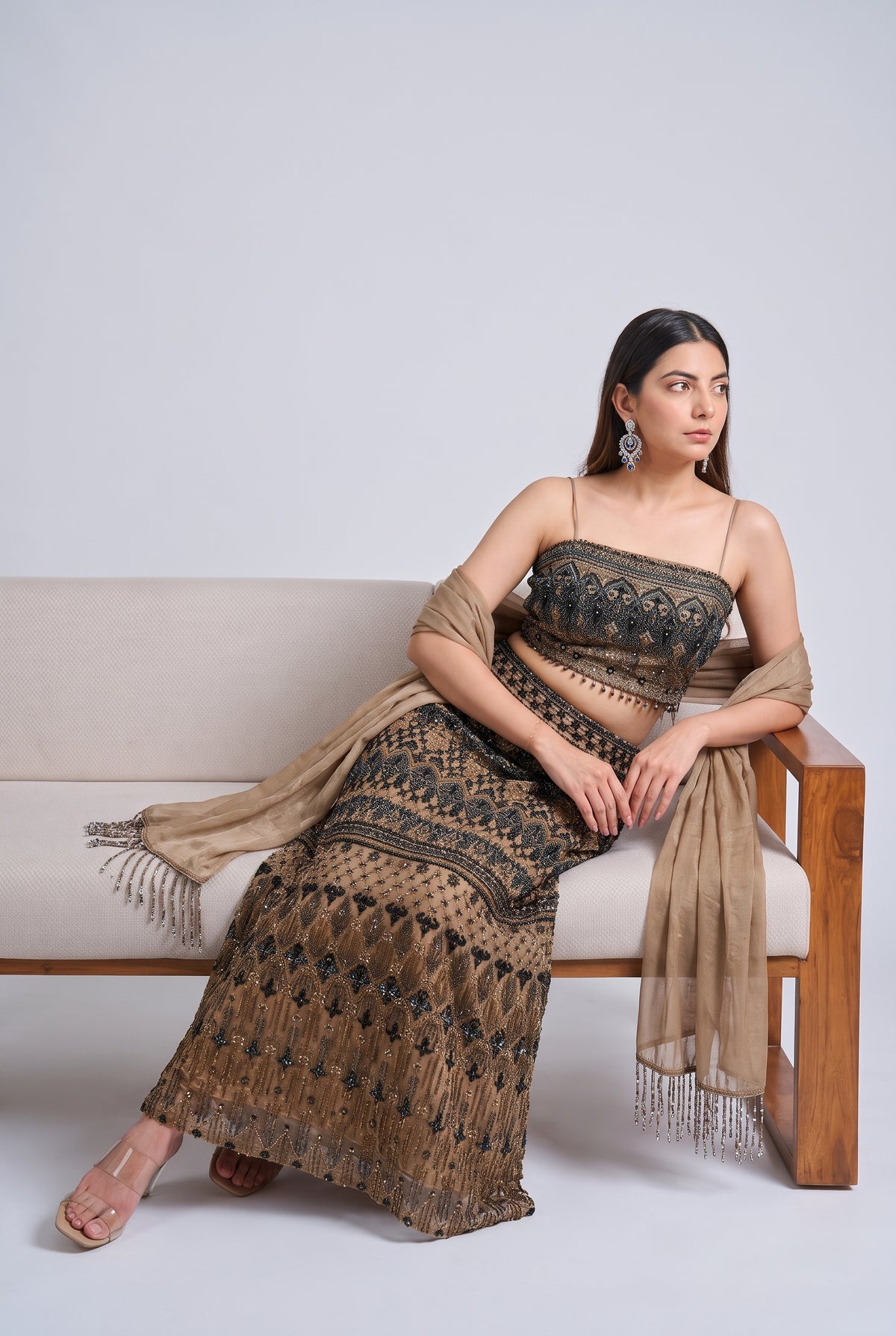 Tbfo Pooh Girlie – Embellished Crop Top Skirt & Dupatta Set