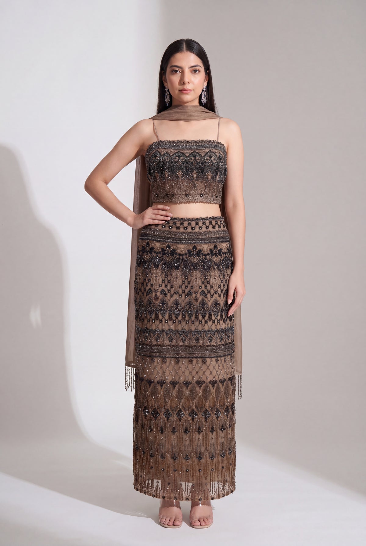 Tbfo Pooh Girlie – Embellished Crop Top Skirt & Dupatta Set