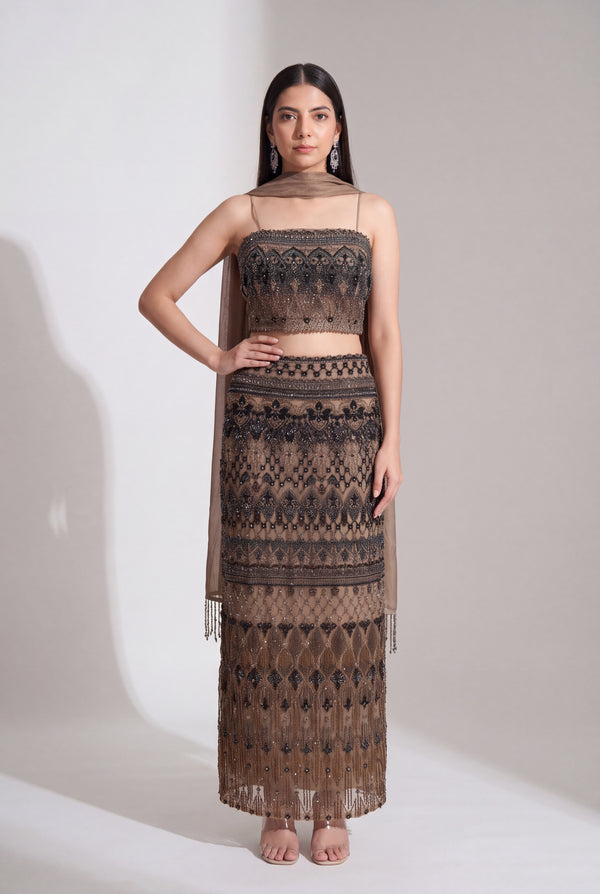 Tbfo Pooh Girlie – Embellished Crop Top Skirt & Dupatta Set