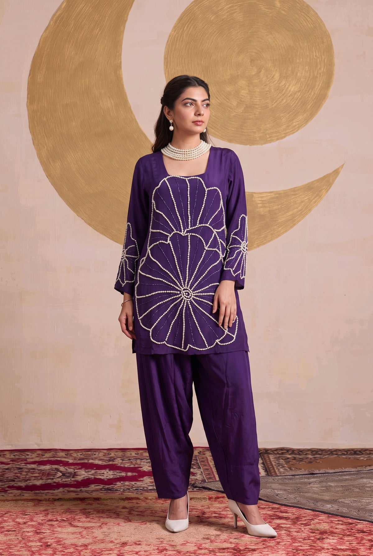 Tbfo Purple Pearl Women Set – Pearl Embellished 3-Piece Kurta Pant Dupatta Set