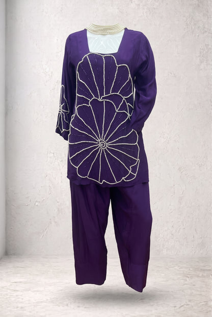 Tbfo Purple Pearl Women Set – Pearl Embellished 3-Piece Kurta Pant Dupatta Set