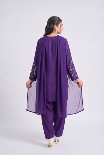 Tbfo Purple Pearl Women Set – Pearl Embellished 3-Piece Kurta Pant Dupatta Set