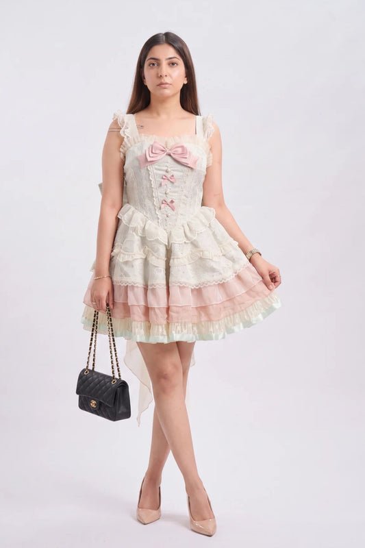 A woman modeling a short white and pink ruffled Lolita-style dress with a pink bow at the chest, holding a small black quilted handbag, against a plain light gray studio background.