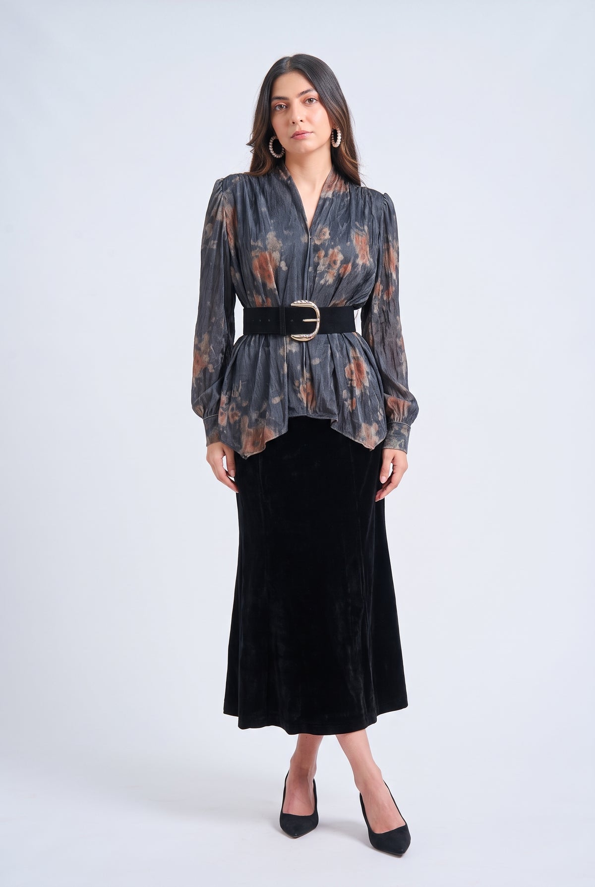Tbfo Samba – Floral Printed Top with Black Velvet Midi Skirt