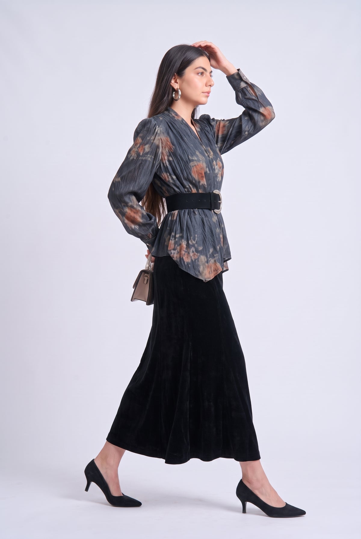 Tbfo Samba – Floral Printed Top with Black Velvet Midi Skirt