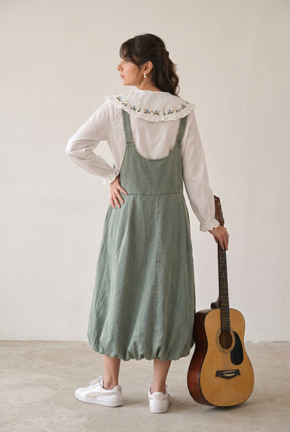 Tbfo Tbfo Young Dumb Broke – Embroidered Collar Shirt with Sage Green Pinafore Bubble Dress
