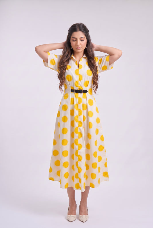Tbfo Yellow Polka Mini Belt Dress