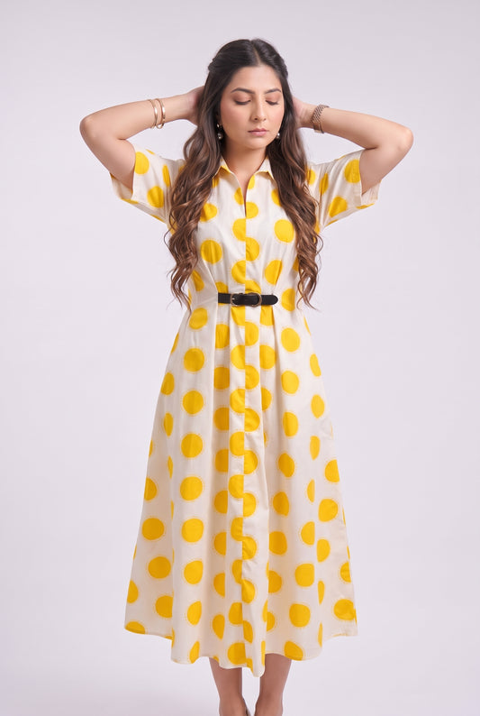 Tbfo Yellow Polka Mini Belt Dress