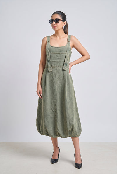 Tbfo Young Dump Broke – Olive Green Pinafore Midi Dress
