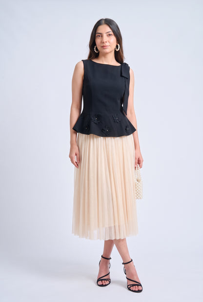 Tbfo balroom Black Floral Top & Beige Tulle Skirt Set