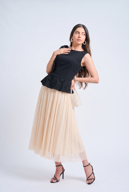 Tbfo balroom Black Floral Top & Beige Tulle Skirt Set