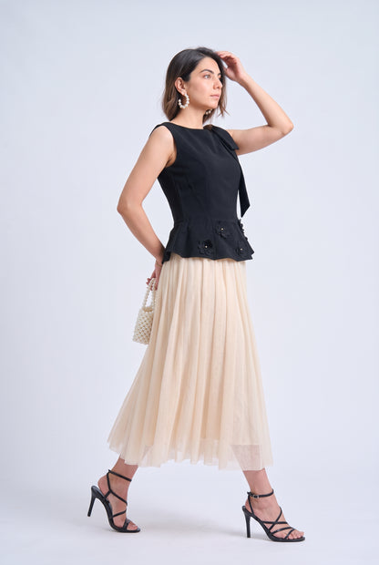 Tbfo balroom Black Floral Top & Beige Tulle Skirt Set