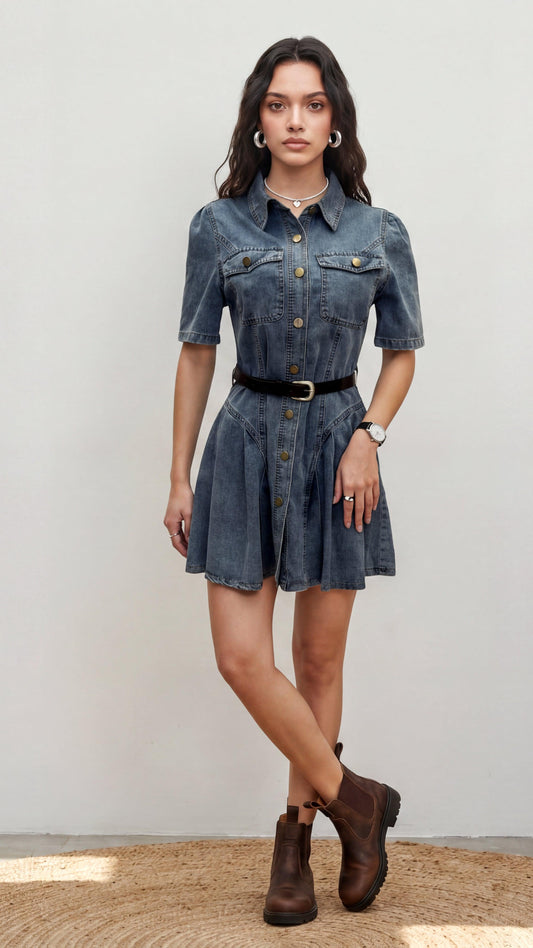 Woman wearing a denim dress with short sleeves and a belt, standing against a plain background.