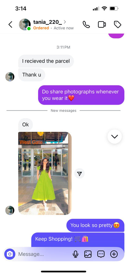 Phone screen showing a messaging app with a photo of a person wearing a green dress.