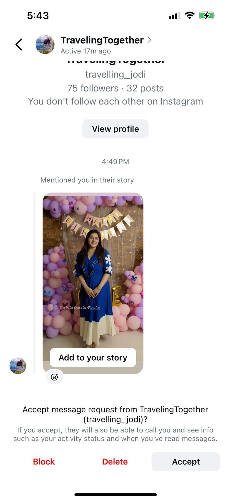 Instagram story view with a woman in a blue dress and white skirt, surrounded by balloons.