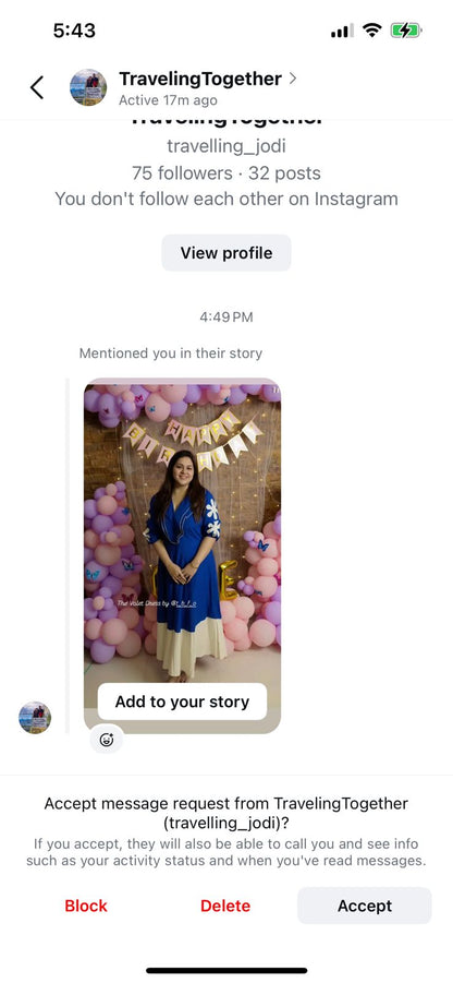 Instagram story view with a woman in a blue dress and white skirt, surrounded by balloons.