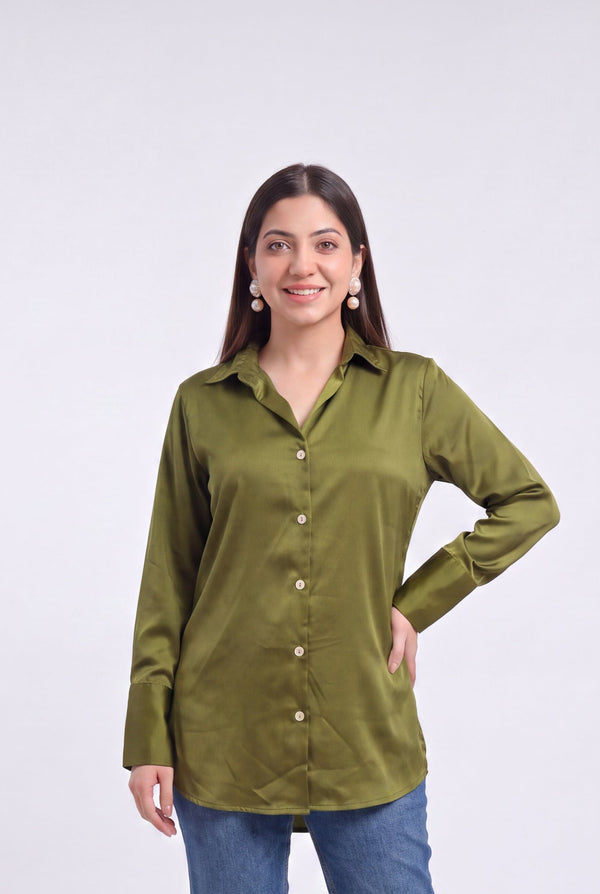Tbfo olive-green satin button-down shirt