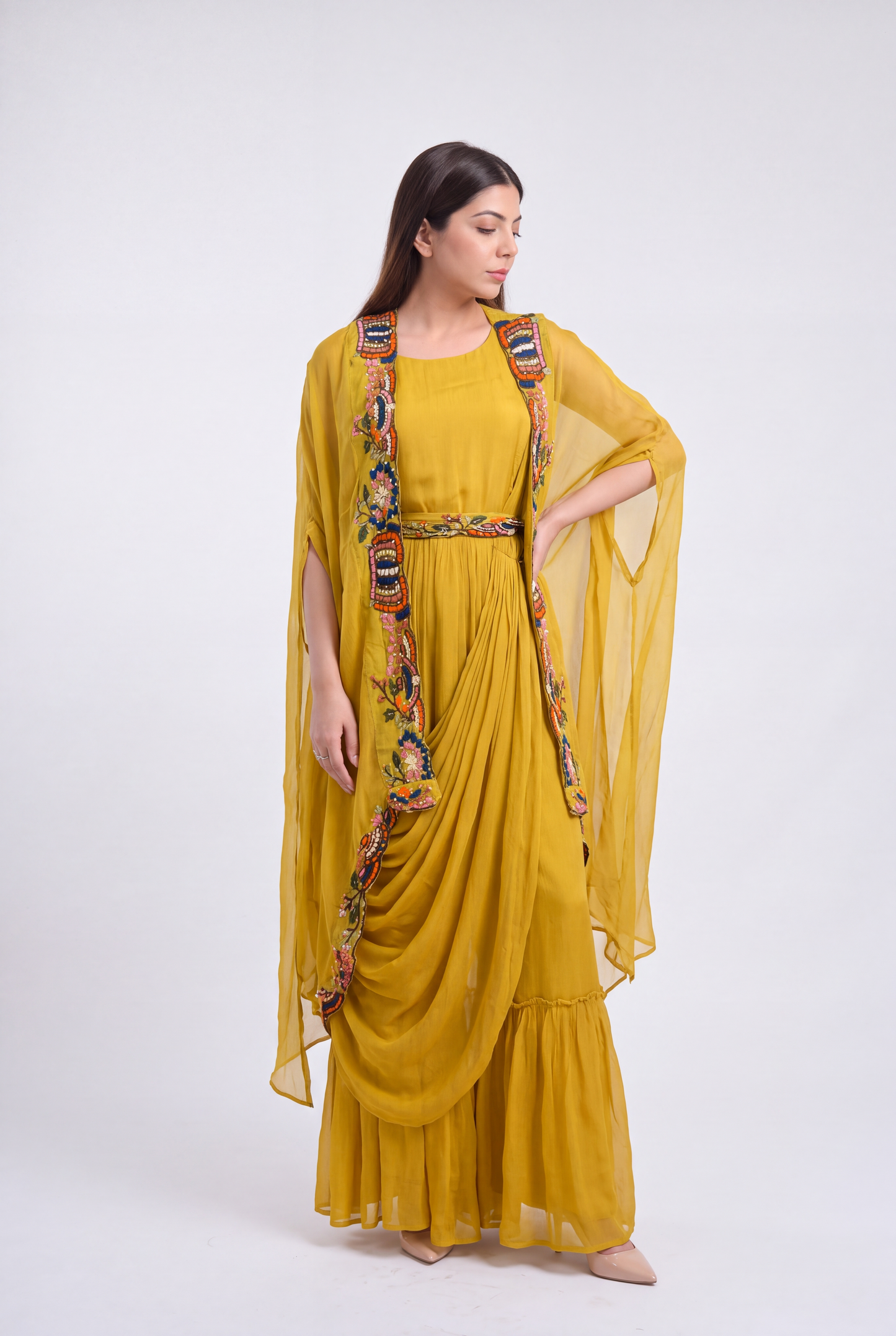 Tbfo Maya Mustard Draped Set