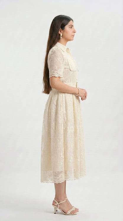 Woman wearing a beige lace dress on a white background