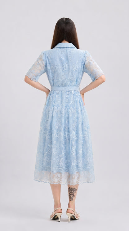 Woman wearing a light blue lace dress on a white background