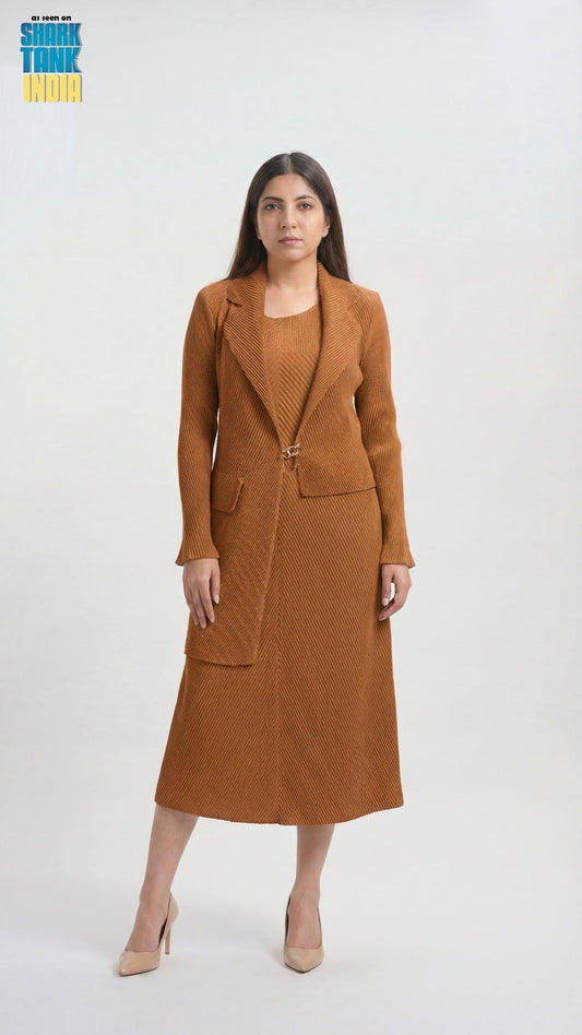 Woman wearing a brown suit with a white background
