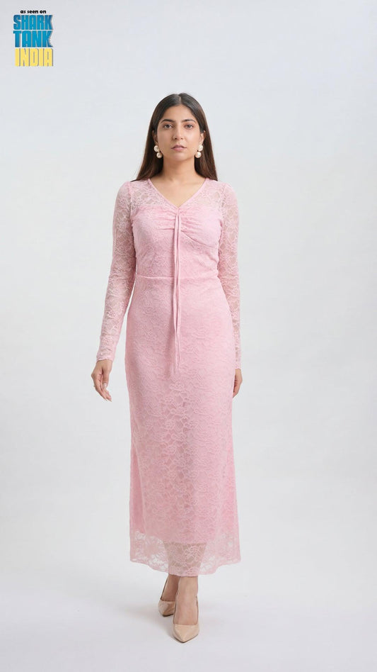 Woman wearing a pink dress on a white background