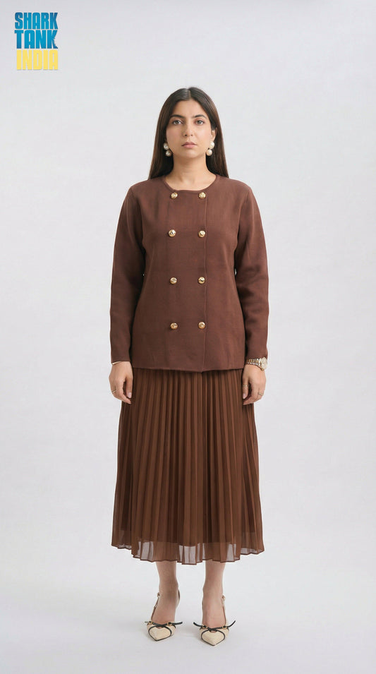 Woman wearing a brown outfit with gold buttons on a white background