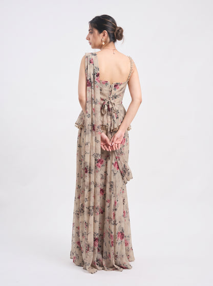 Tbfo Roses Pre-Draped Saree Set