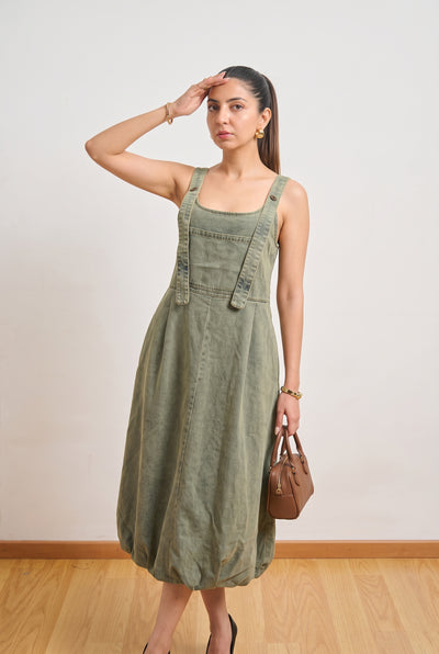 Tbfo Young Dump Broke – Olive Green Pinafore Midi Dress