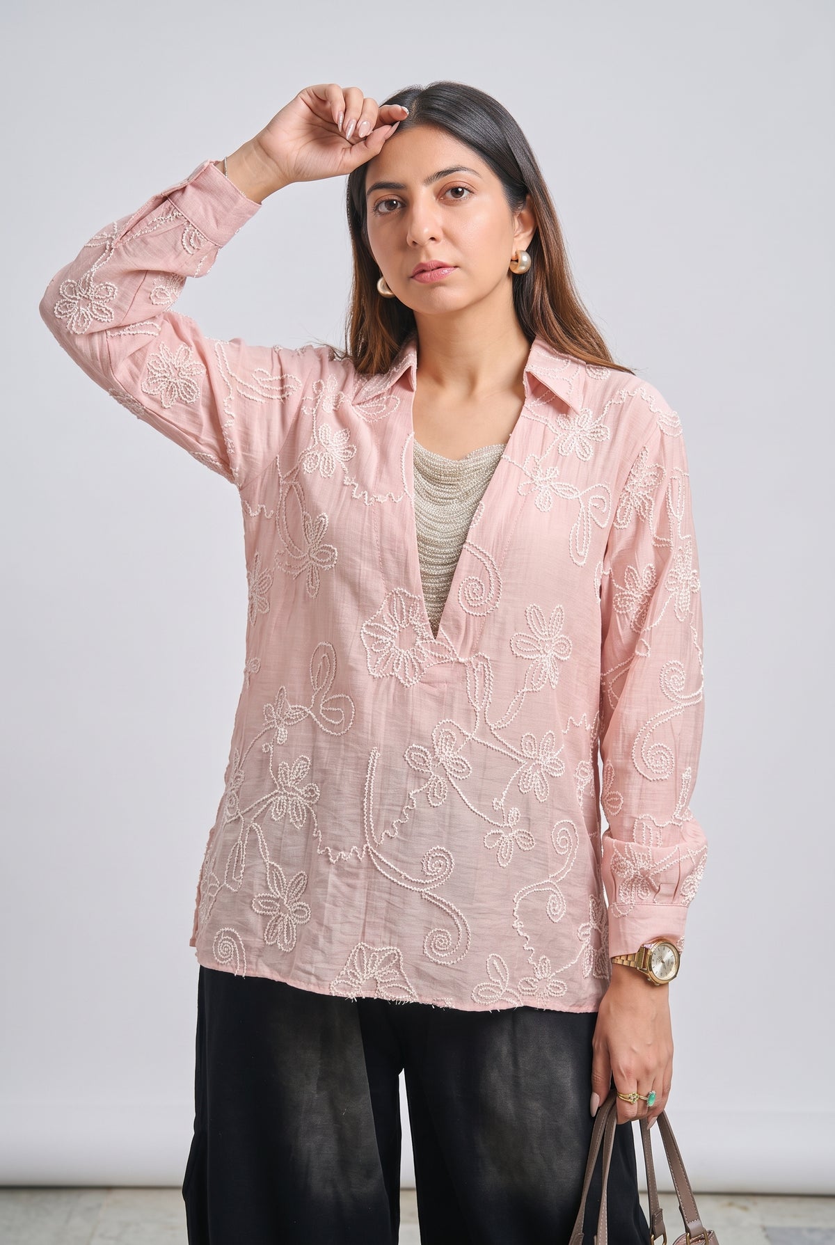 Tbfo Jhalar Neck – Floral Embroidered Shirt Top