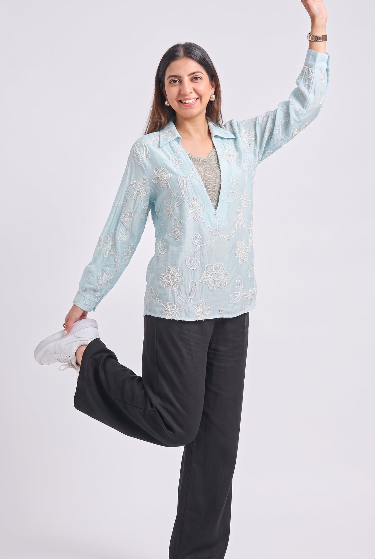 Tbfo Jhalar Neck – Floral Embroidered Shirt Top