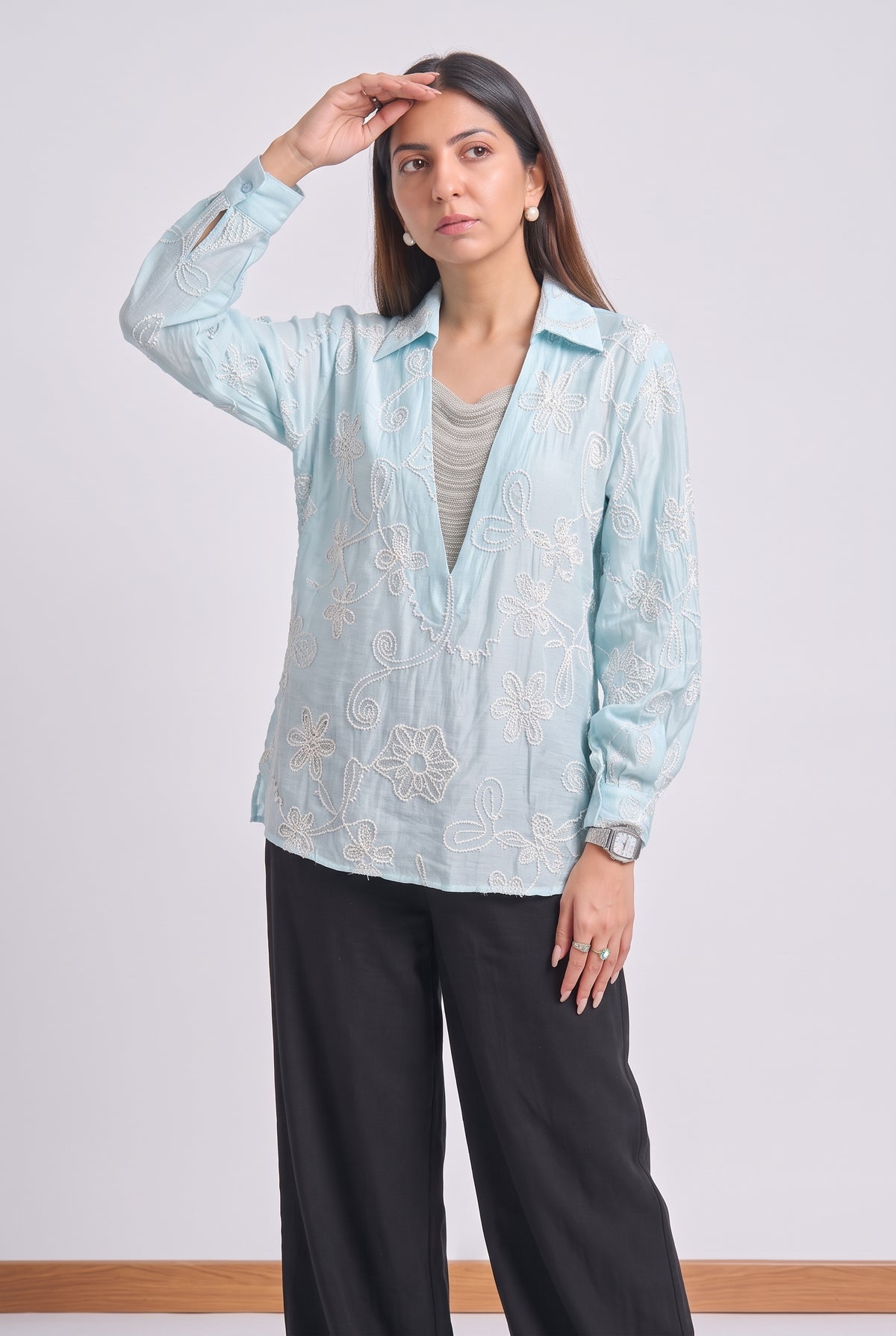Tbfo Jhalar Neck – Floral Embroidered Shirt Top