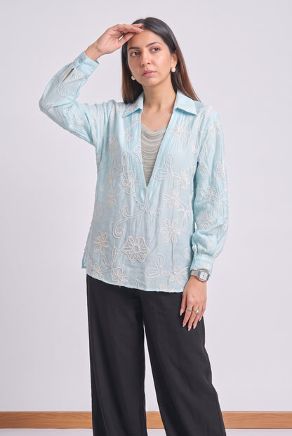 Tbfo Jhalar Neck – Floral Embroidered Shirt Top