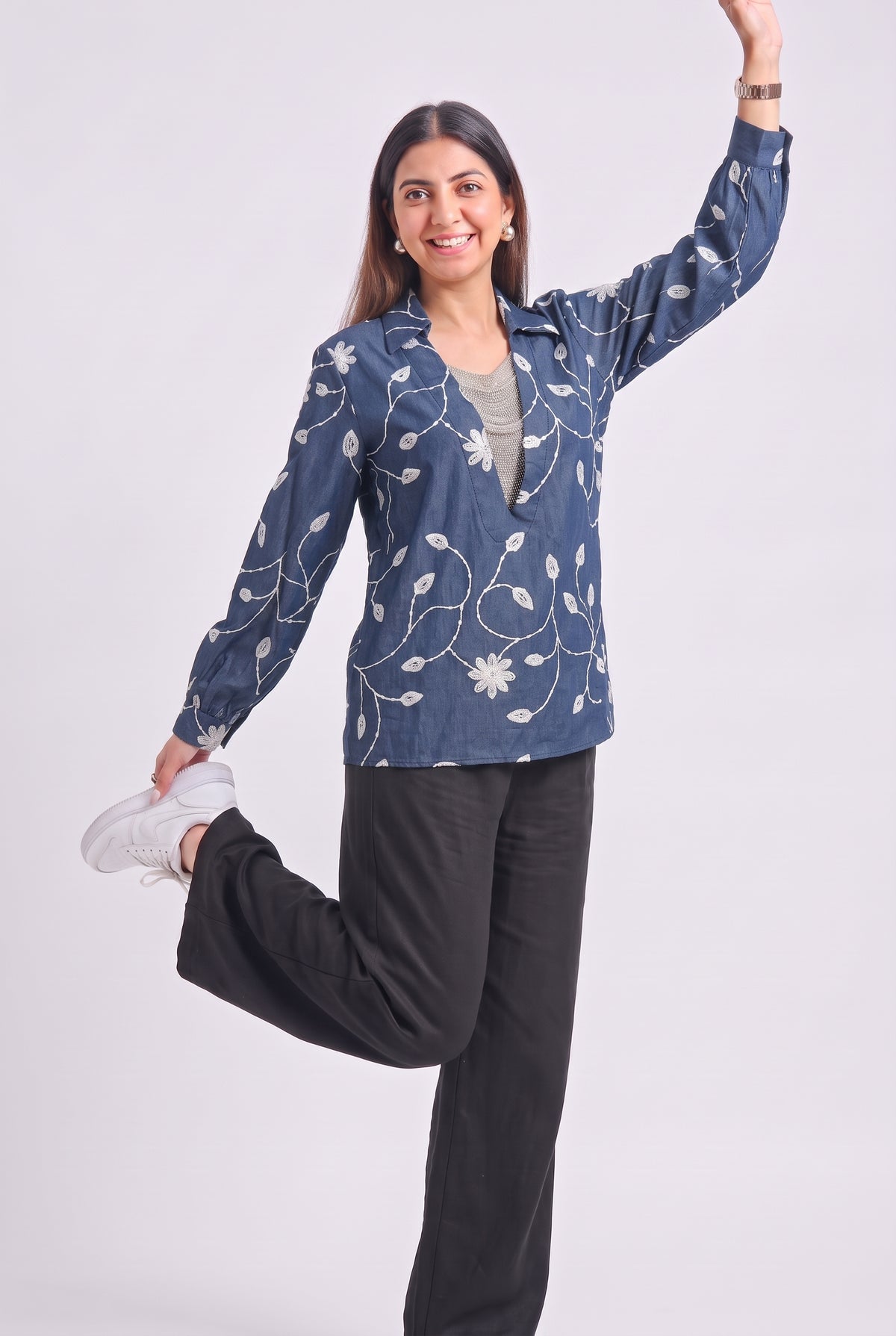 Tbfo Jhalar Neck – Floral Embroidered Shirt Top