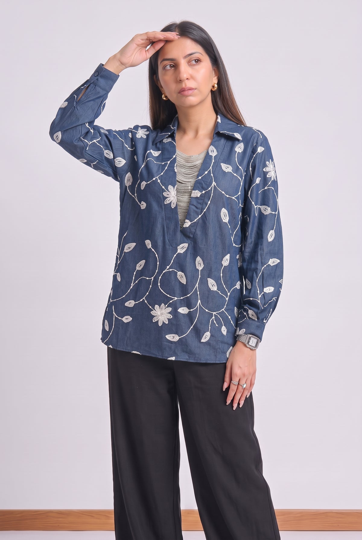 Tbfo Jhalar Neck – Floral Embroidered Shirt Top