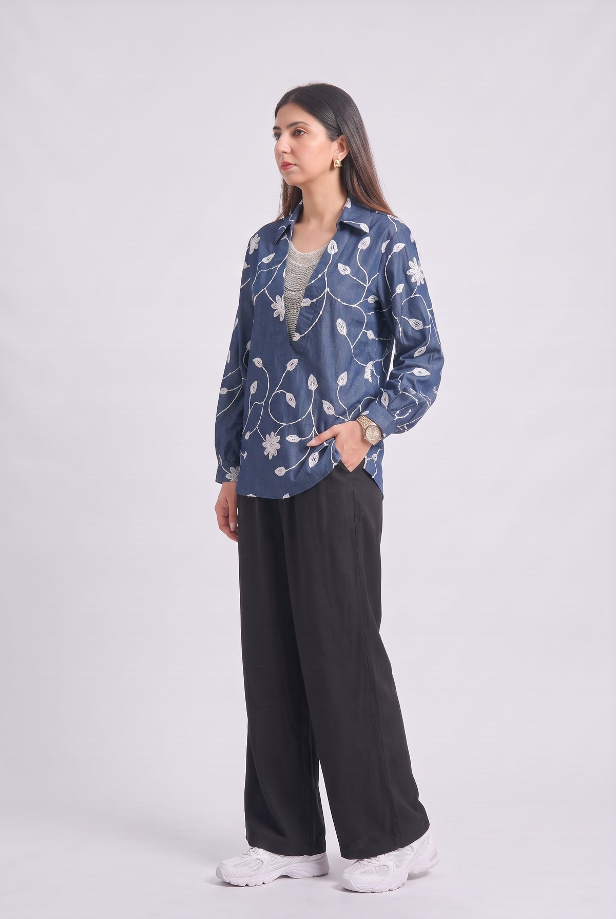 Tbfo Jhalar Neck – Floral Embroidered Shirt Top