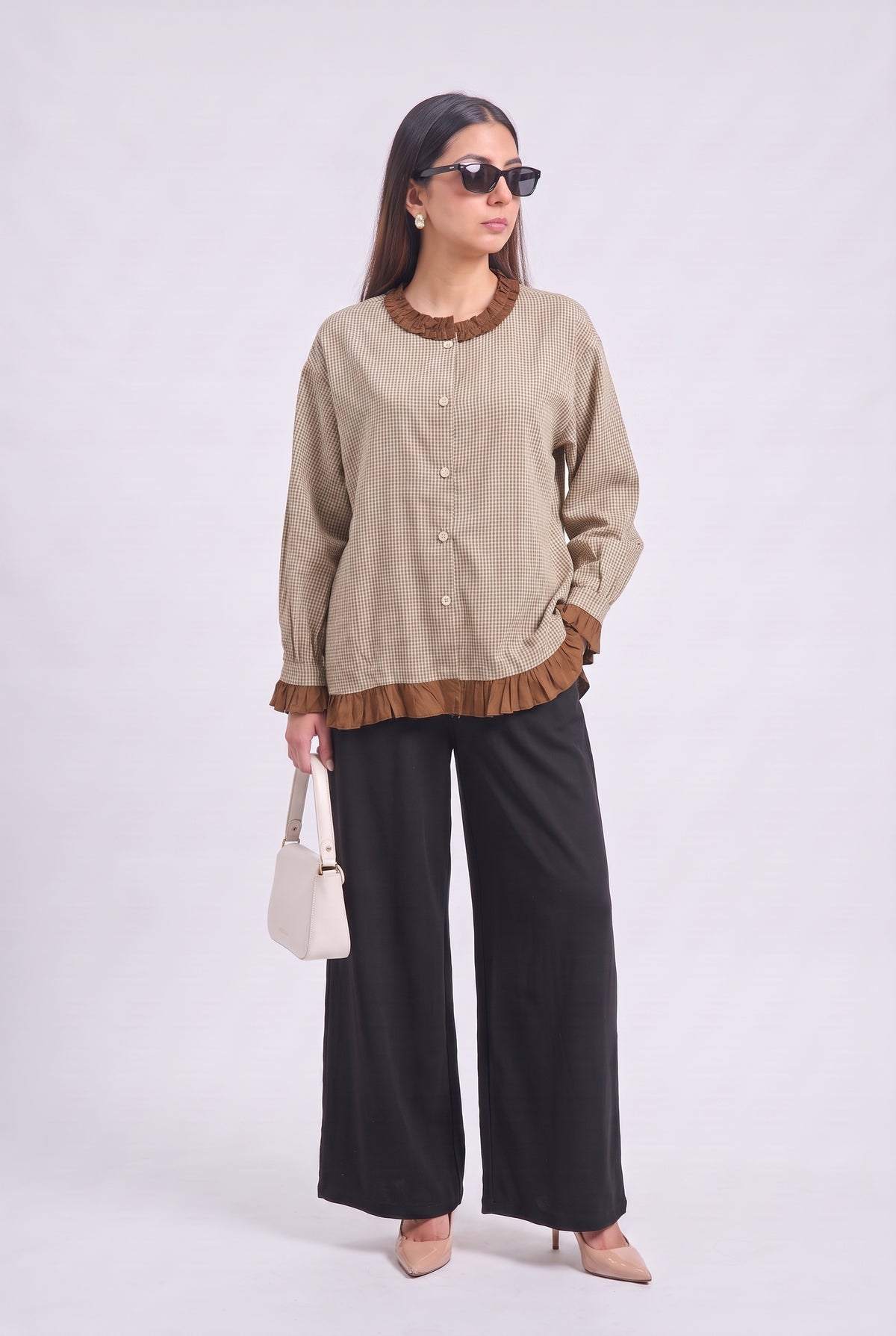 Tbfo Parleg – Checked Ruffle Detail Shirt Top