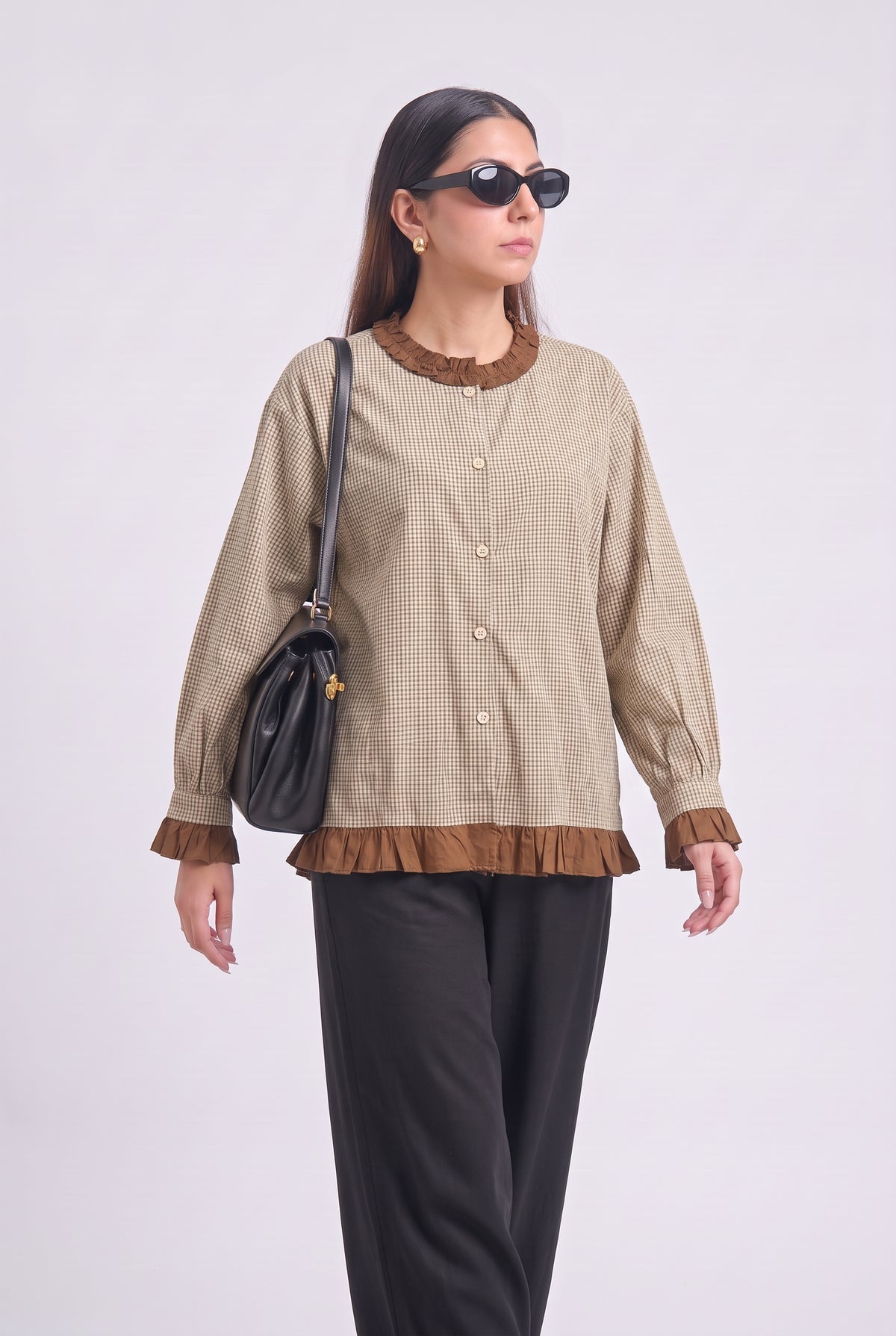 Tbfo Parleg – Checked Ruffle Detail Shirt Top