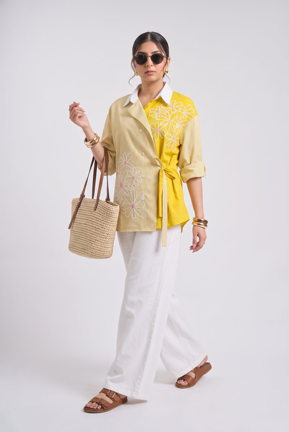 Tbfo Daisy Yellow – Floral Embroidered Wrap Shirt