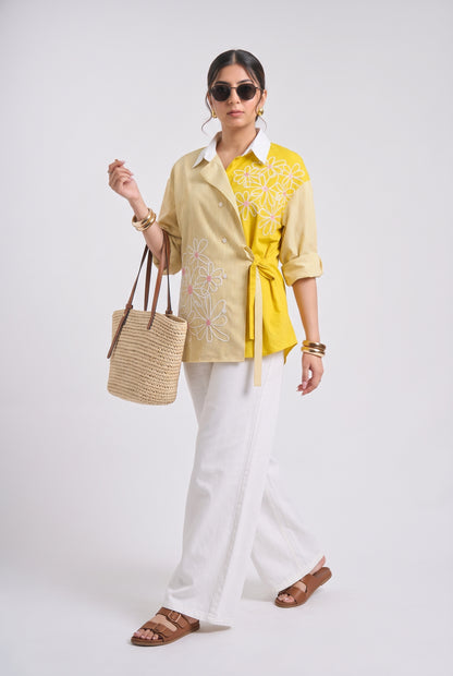 Tbfo Daisy Yellow – Floral Embroidered Wrap Shirt