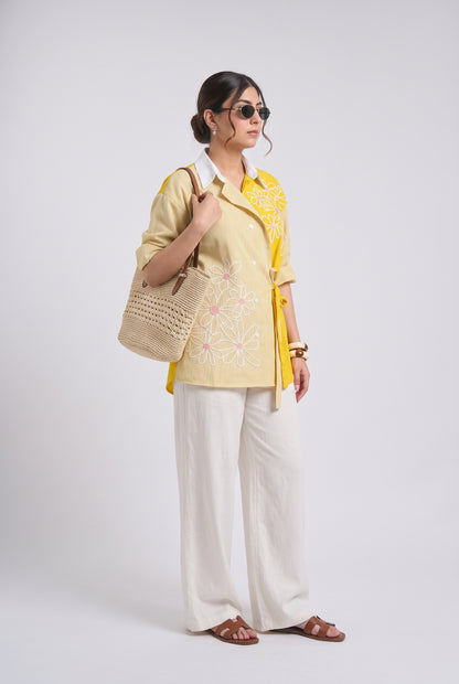 Tbfo Daisy Yellow – Floral Embroidered Wrap Shirt