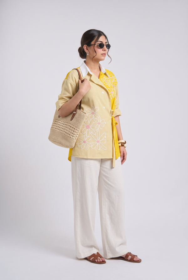 Tbfo Daisy Yellow – Floral Embroidered Wrap Shirt