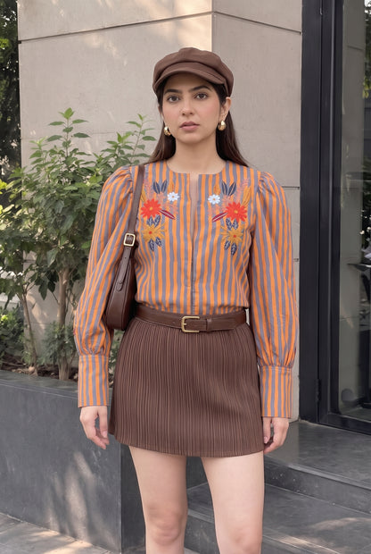 Tbfo Jalebi Stripe – Orange Embroidered Striped Shirt Top