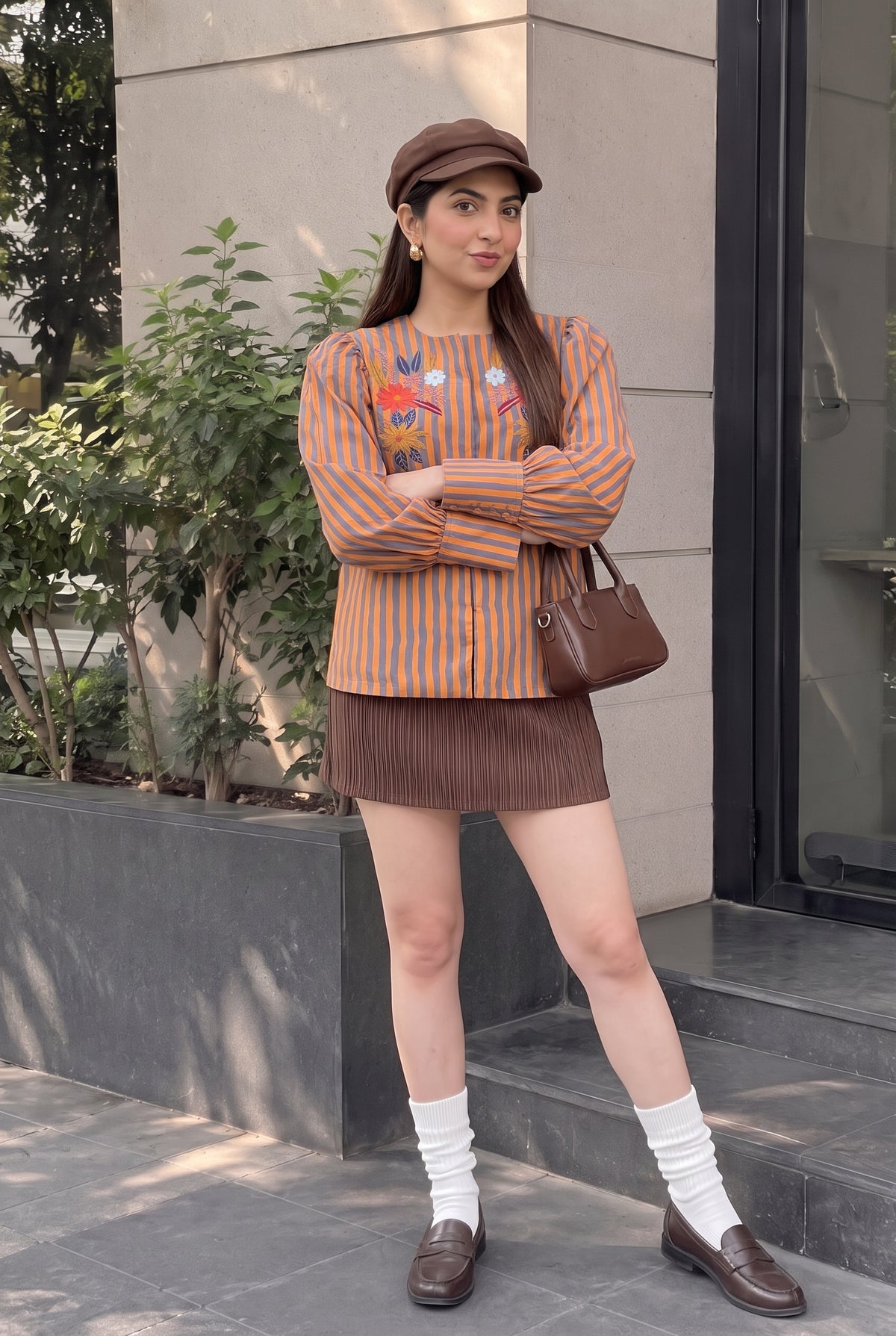 Tbfo Jalebi Stripe – Orange Embroidered Striped Shirt Top