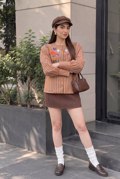 Tbfo Jalebi Stripe – Orange Embroidered Striped Shirt Top