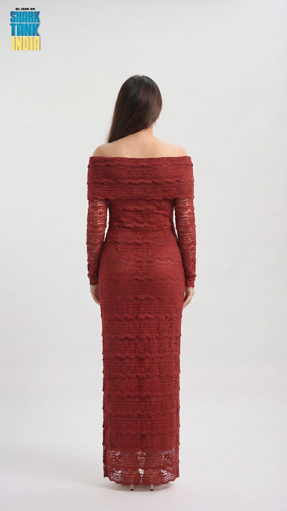 Red off-shoulder lace dress on a white background