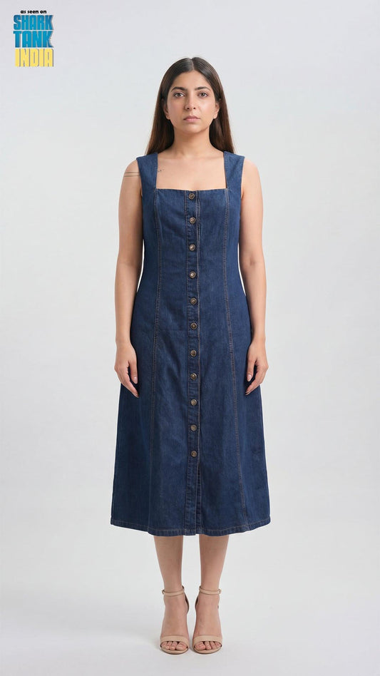 Woman wearing a blue denim dress on a white background