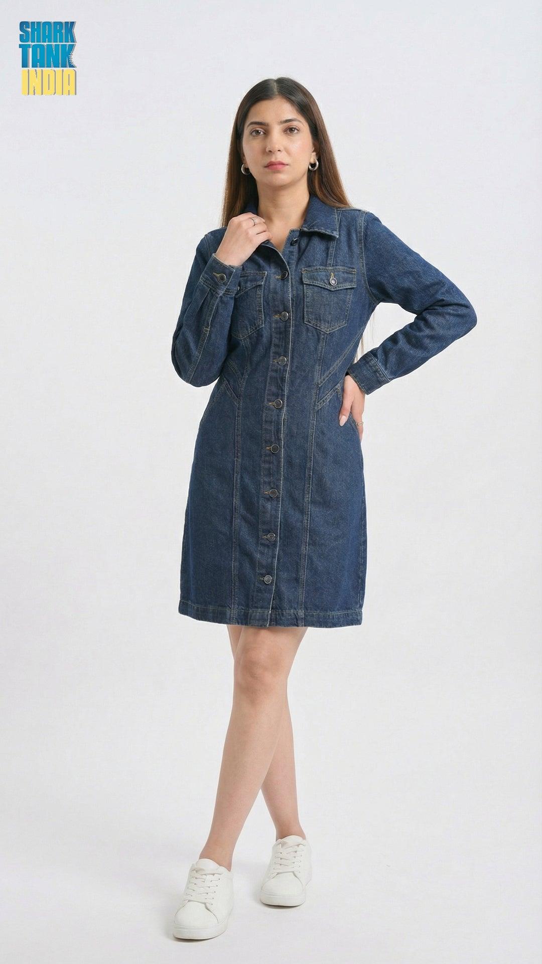 Woman wearing a denim dress on a white background