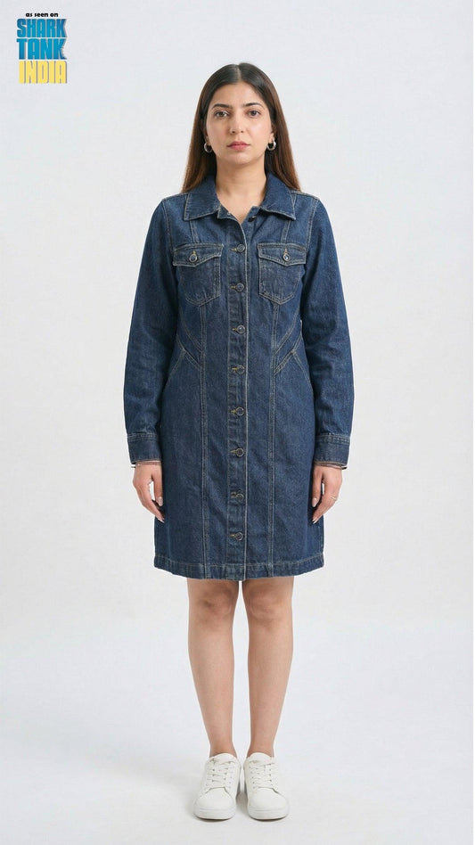 Woman wearing a denim dress on a white background