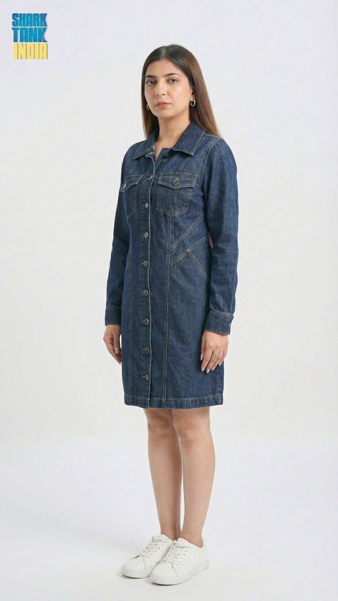 Woman wearing a denim dress on a white background